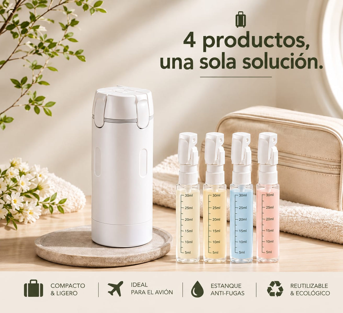 Kit Dispensador de Viaje 4 en 1 — Lleva tus Productos Sin Derrames y Sin Líos