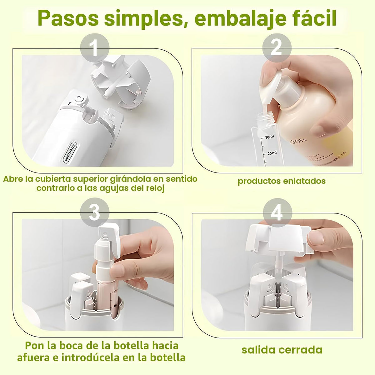 Kit Dispensador de Viaje 4 en 1 — Lleva tus Productos Sin Derrames y Sin Líos