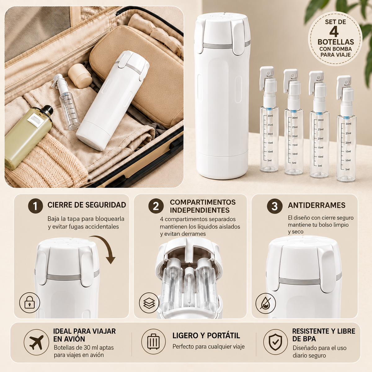 Kit Dispensador de Viaje 4 en 1 — Lleva tus Productos Sin Derrames y Sin Líos