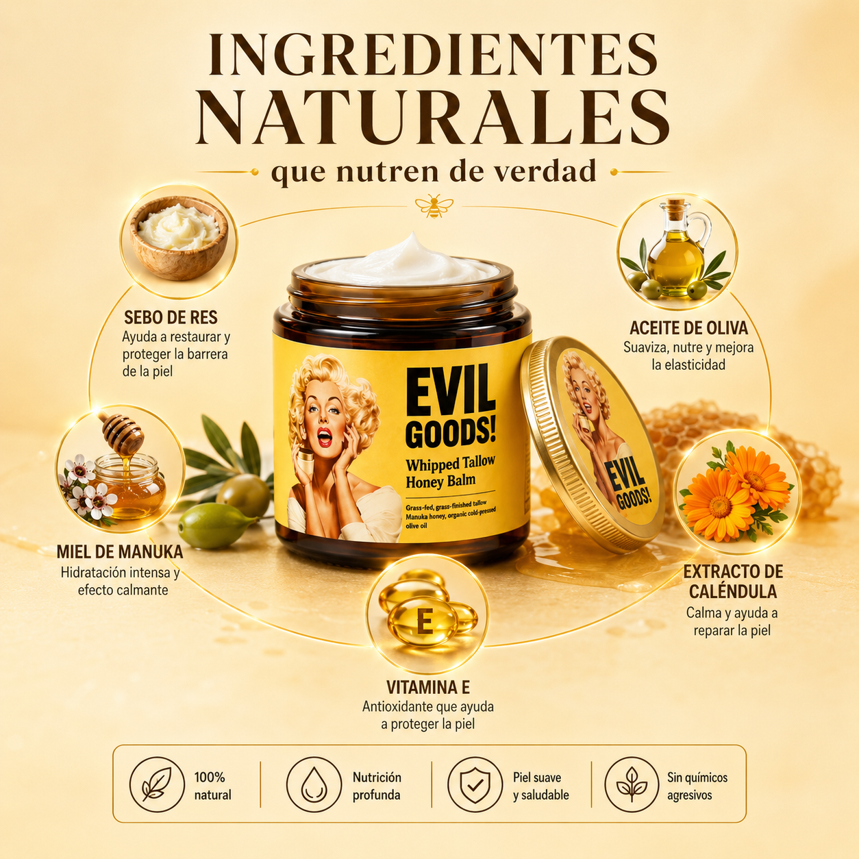 Evil Goods! Honey Balm — Bálsamo Natural de Sebo de Res y Miel para Piel Seca y Sensible