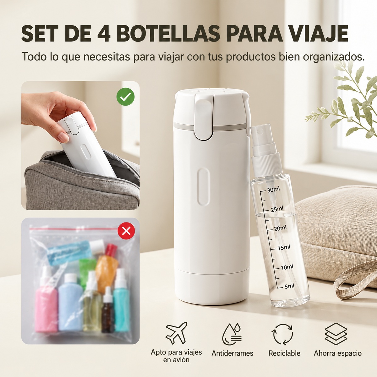 Kit Dispensador de Viaje 4 en 1 — Lleva tus Productos Sin Derrames y Sin Líos