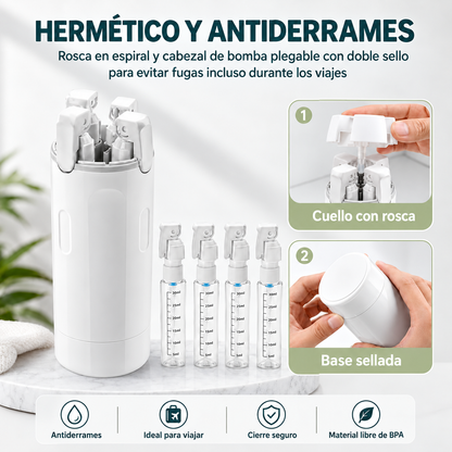 Kit Dispensador de Viaje 4 en 1 — Lleva tus Productos Sin Derrames y Sin Líos
